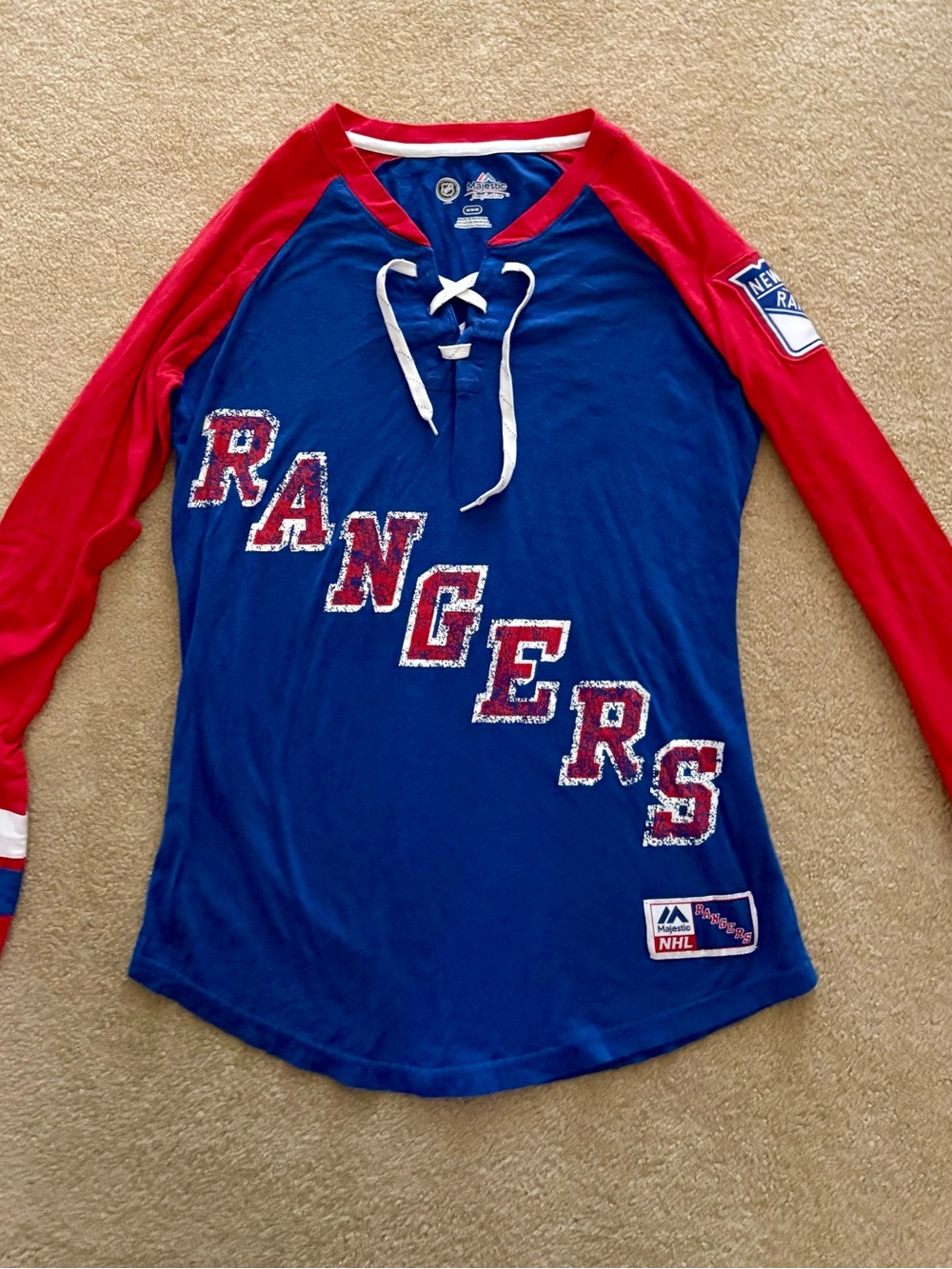 Women's New York Rangers Majestic Blue/Red The Lace Up Long Sleeve T-size M